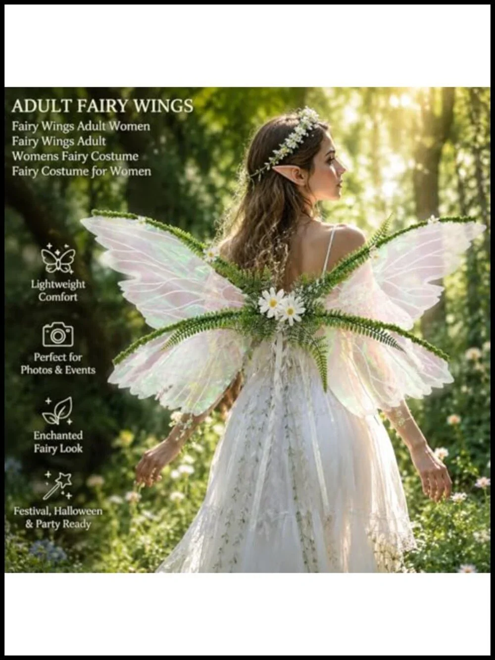 4PC Fairy Costume Set - Wings Elf Ears Flower Crown Wand Sparkly Organza